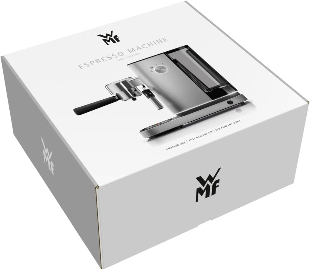 Cafetera espresso de brazo WMF Lumero 1400 vatios, máquina de café espresso, 3 filtros, para 1-2 tazas de espresso, también para monodosis, 15 bares, superficie calientatazas, boquilla para espuma de leche, acero inoxidable mate