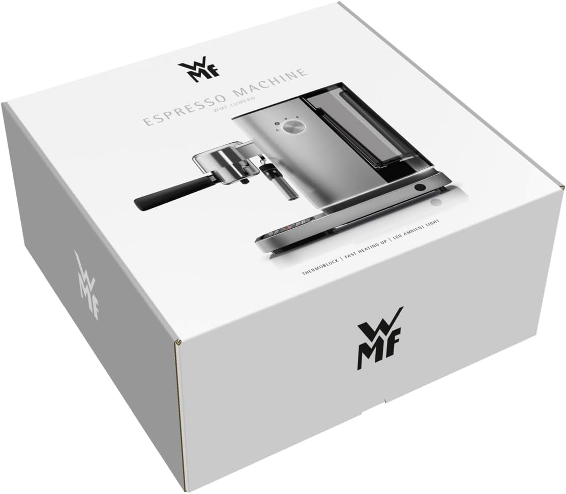 Cafetera espresso de brazo WMF Lumero 1400 vatios, máquina de café espresso, 3 filtros, para 1-2 tazas de espresso, también para monodosis, 15 bares, superficie calientatazas, boquilla para espuma de leche, acero inoxidable mate