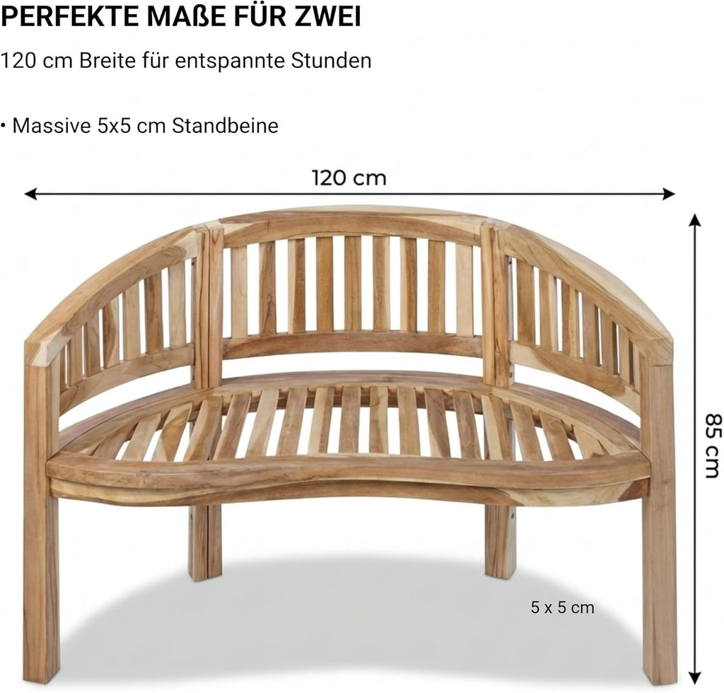 SAM Banco banana de 2 plazas, banco de 120 cm, madera de teca, banco de madera maciza, ideal para balcón o jardín