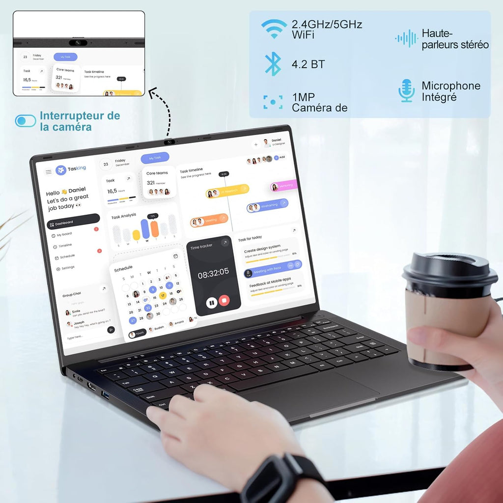 Portátil de 14 pulgadas Celeron N5095 Win11 Pro 8 GB RAM 256 GB SSD con expansión de 1 TB, WiFi 5G, FHD 1920x1080, PC portátil con ratón inalámbrico, teclado QWERTY con membrana de teclado AZERTY - Negro metalizado