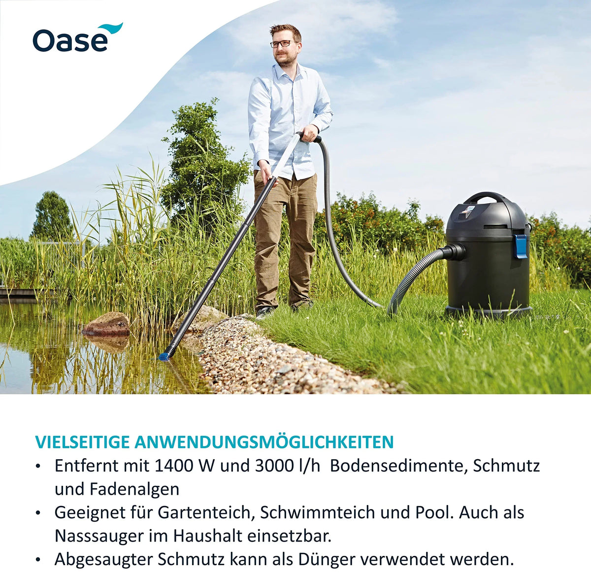 Aspirador de lodos para estanque Oase PondoVac Classic 50529 1400W 3000l/h, tratamiento de agua, 4 boquillas de aspiración para estanque y hogar