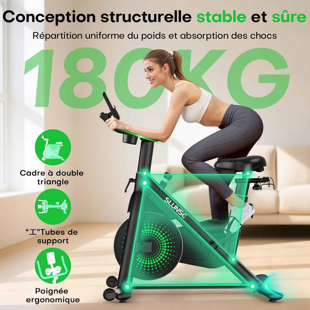 Bicicleta estática para casa, bicicleta de fitness interior silenciosa con resistencia ajustable, bicicleta estática con aplicación, soporte para mancuernas, pantalla LCD, asiento cómodo, capacidad de 180 kg