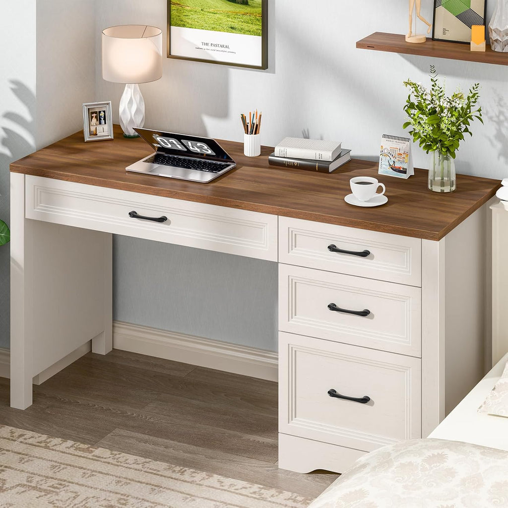 Escritorio BonVache con cajones de 120 cm, escritorio para computadora estilo granja con espacio de almacenamiento, mesa de oficina rústica de madera para oficina en casa, dormitorio y estudio, blanco