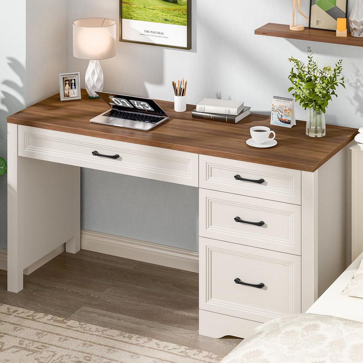 Escritorio BonVache con cajones de 120 cm, escritorio para computadora estilo granja con espacio de almacenamiento, mesa de oficina rústica de madera para oficina en casa, dormitorio y estudio, blanco