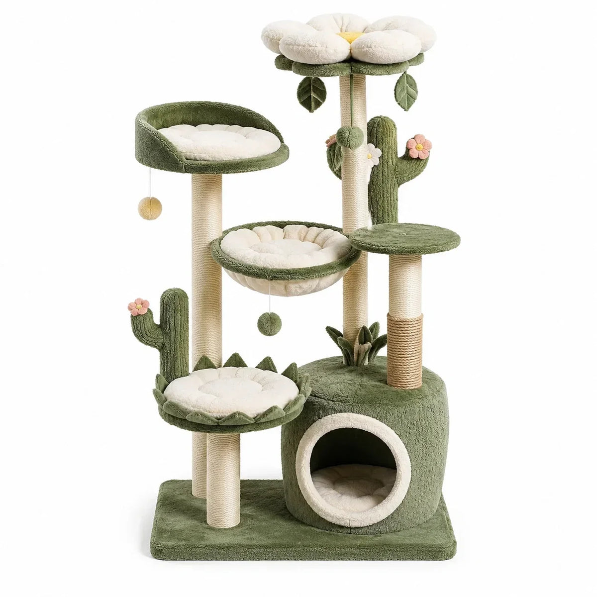 Árbol rascador con diseño de flores y cactus, 70 × 48 × 135 cm, verde y beige, con cueva para gatos, plataformas de descanso y postes de sisal