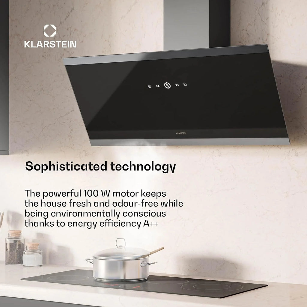 Klarstein FlashLine Okap kuchenny – Okap skośny 90 cm, Ekran dotykowy, 578 m³/h, Klasa energetyczna A++, Oświetlenie LED, 34,5 dB, Czarny, Tryb wyciągu i recyrkulacji