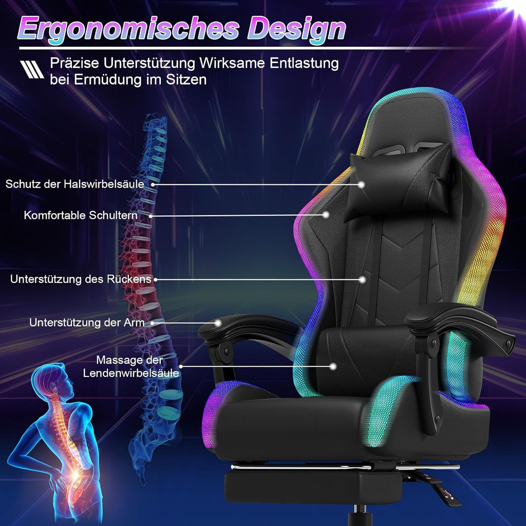Silla gaming LED Devoko – Silla de oficina ergonómica con función de masaje y reposapiés telescópico, respaldo ajustable (90-135°), para gamers de hasta 150 kg, diseño que cuida la vista, negro