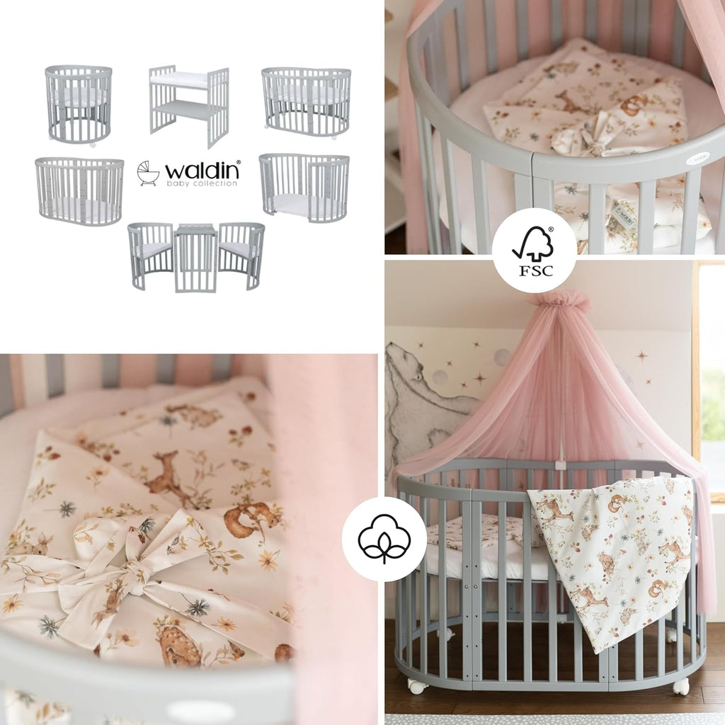 Cuna ovalada evolutiva Waldin, set completo 7 en 1, cuna de barrotes, cama infantil con colchón, cambiador, cuna colecho, madera blanca