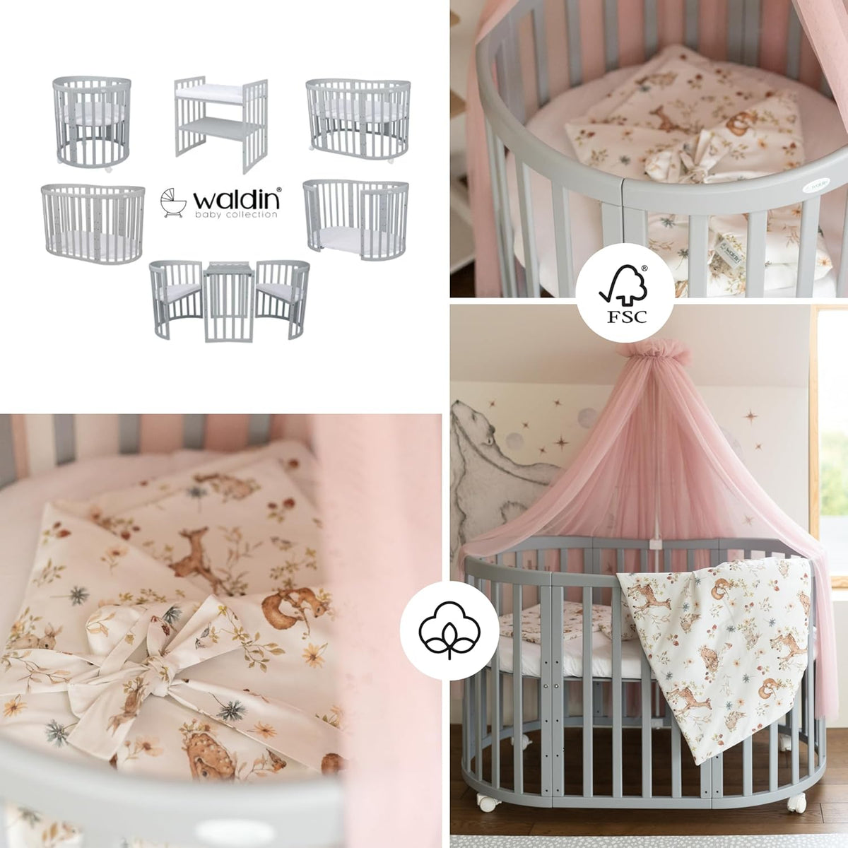 Cuna ovalada evolutiva Waldin, set completo 7 en 1, cuna de barrotes, cama infantil con colchón, cambiador, cuna colecho, madera blanca