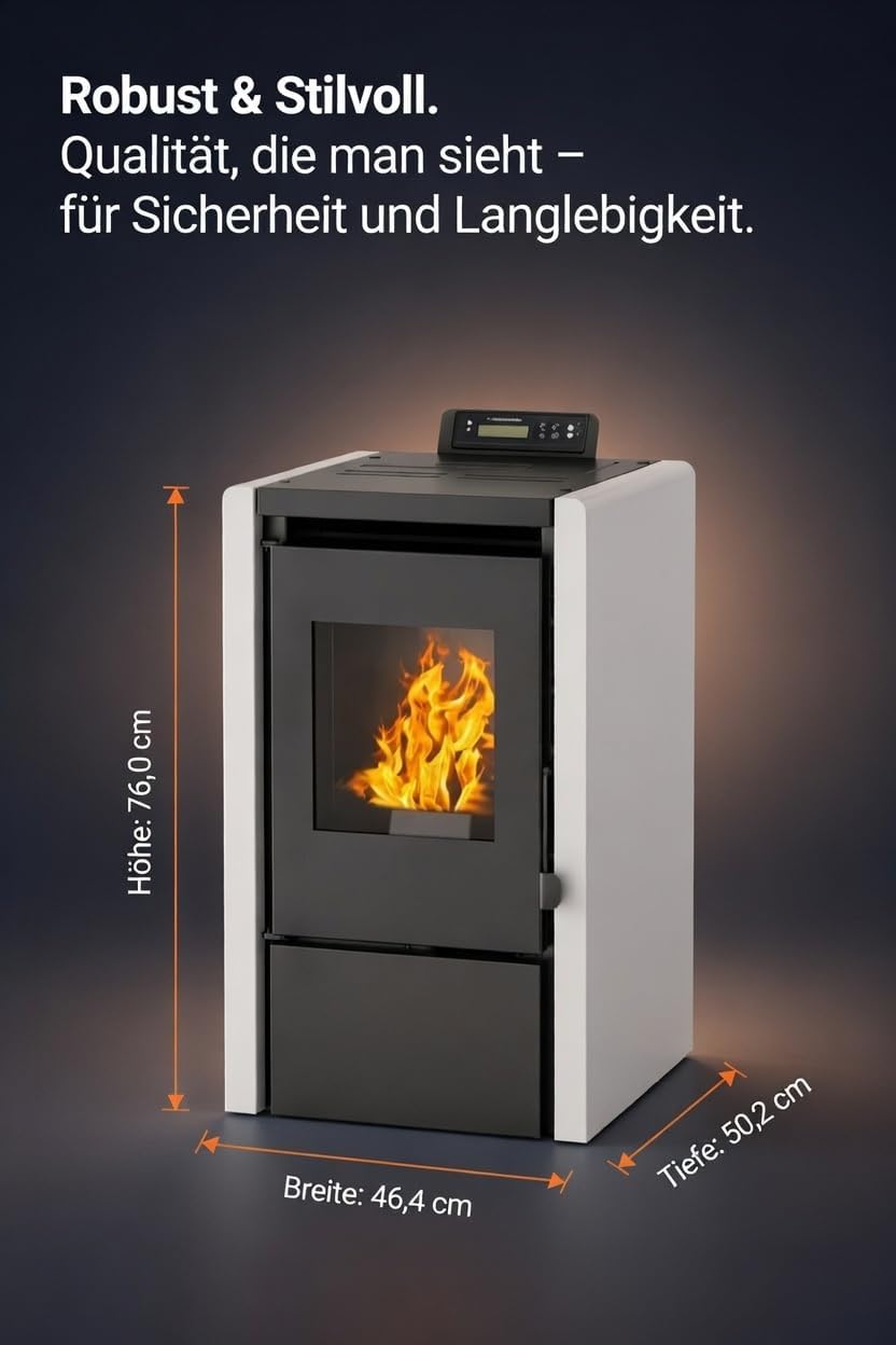 Estufa de pellets NEMAXX® PC5 5,3 kW A+ hasta 120 m³ – Modo crono y ECO, compatible con WiFi (aplicación opcional), pantalla y mando a distancia, combustión por presión negativa, protección contra sobrecalentamiento y apagado automático – Gris