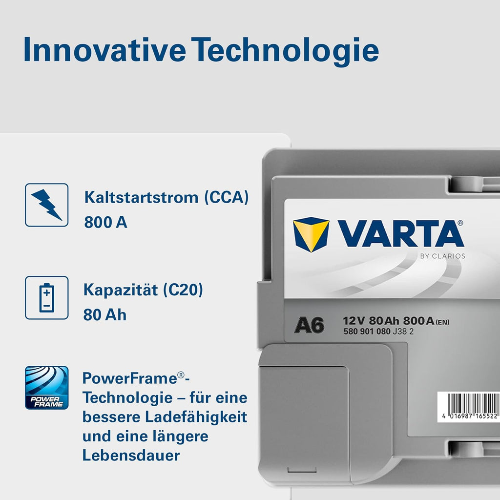 Batería VARTA Silver Dynamic AGM A6 – Batería de coche Start-Stop y xEV 12V 80Ah 800A – Batería de arranque para coches con alta demanda energética