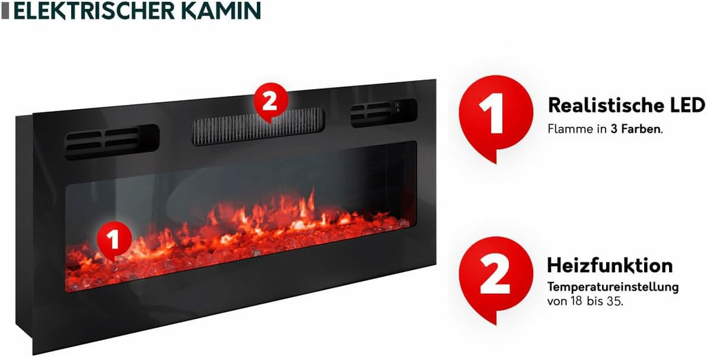 Mueble de TV Mirjan24 Arypot 2D con chimenea eléctrica, sistema sin tiradores, frente fresado, mueble bajo para TV, llama LED realista, cristales decorativos, función de calefacción, control remoto (Cachemira).