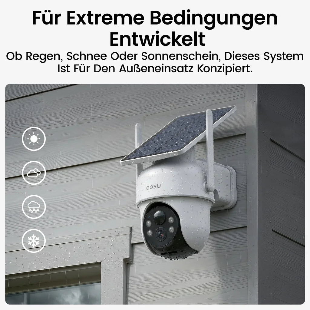 Cámara de seguridad exterior solar aosu D1 2K, 32 GB sin suscripción, PTZ 360°, sistema de 4 cámaras, visión nocturna a color, audio bidireccional, Wi-Fi 2,4/5 GHz
