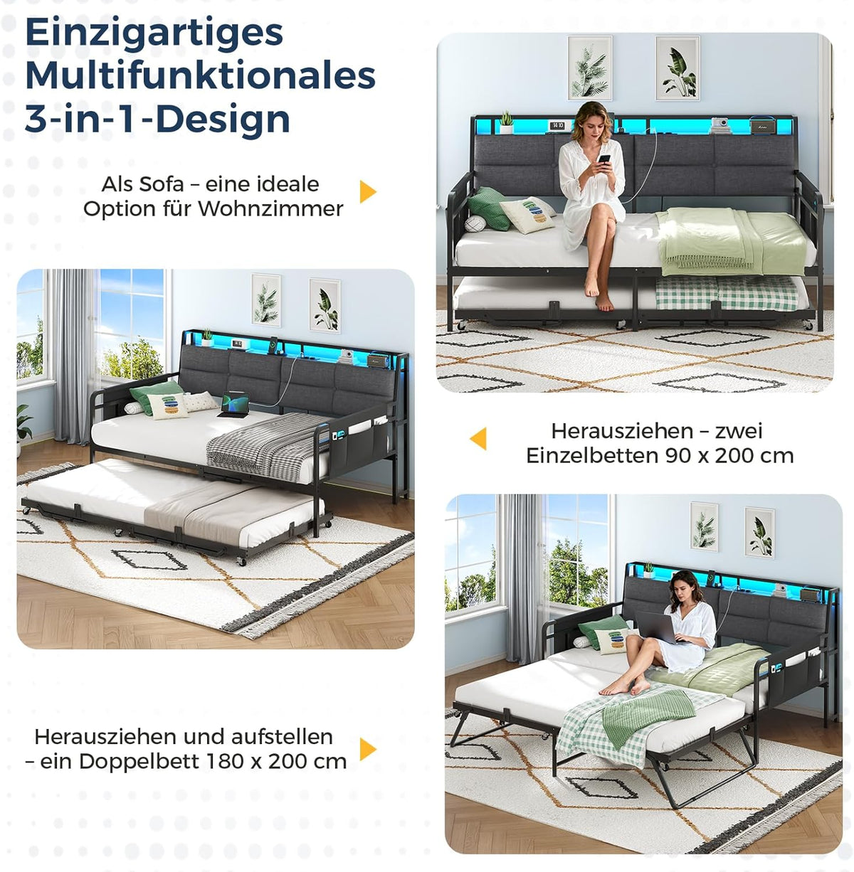 Sofá cama Brinlawb con cama nido, diván de 90x200 (180x200) cm, diván extraíble con iluminación LED y estación de carga (2 tomas de corriente CA, 2 puertos USB), cama individual y cama doble, cama de invitados