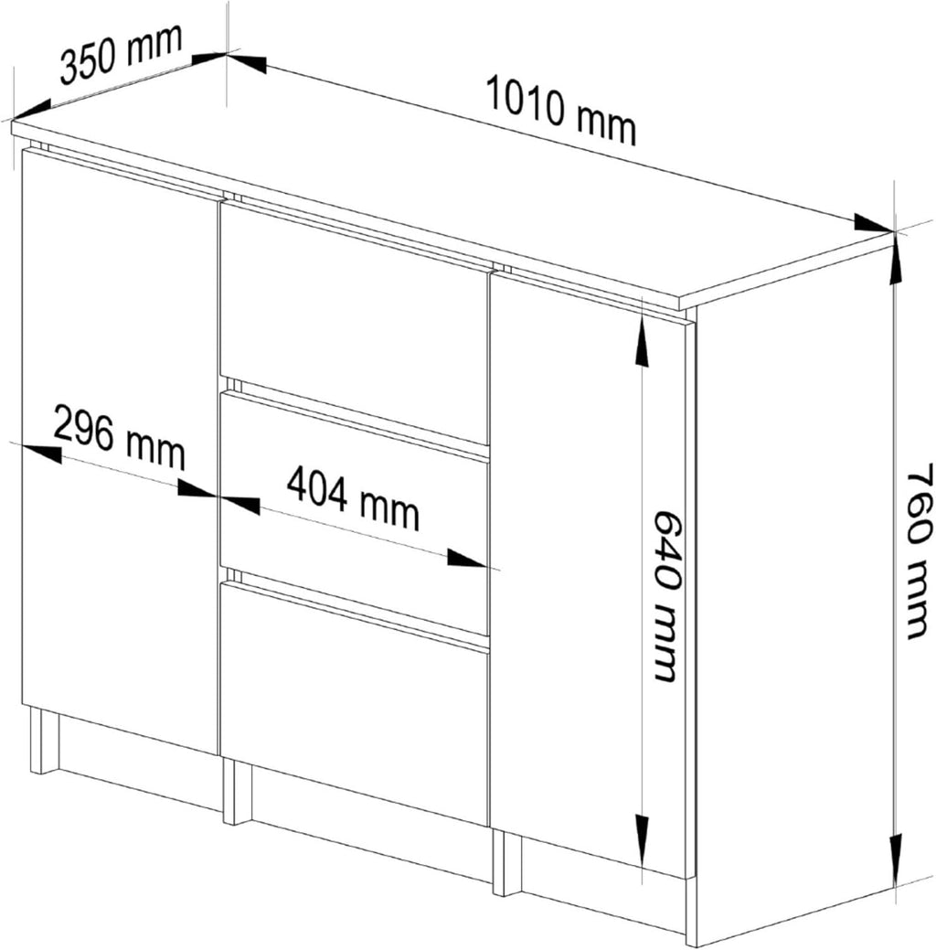 Cómoda AKORD K100 con 3 cajones, armario con 2 puertas y 4 estantes, para salón o dormitorio, moderna, tablero laminado de 16 mm, A101xH76xP35 cm, color roble Sonoma y roble Sonoma