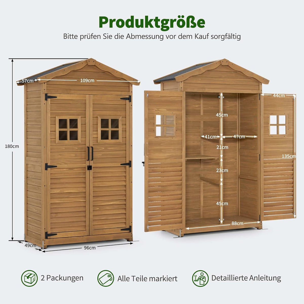 Armario de jardín MCombo, caseta de madera resistente a la intemperie, armario para herramientas de exterior, para jardín y terraza, cobertizo con 2 estantes móviles, 57×109×180 cm, 1152 (natural)