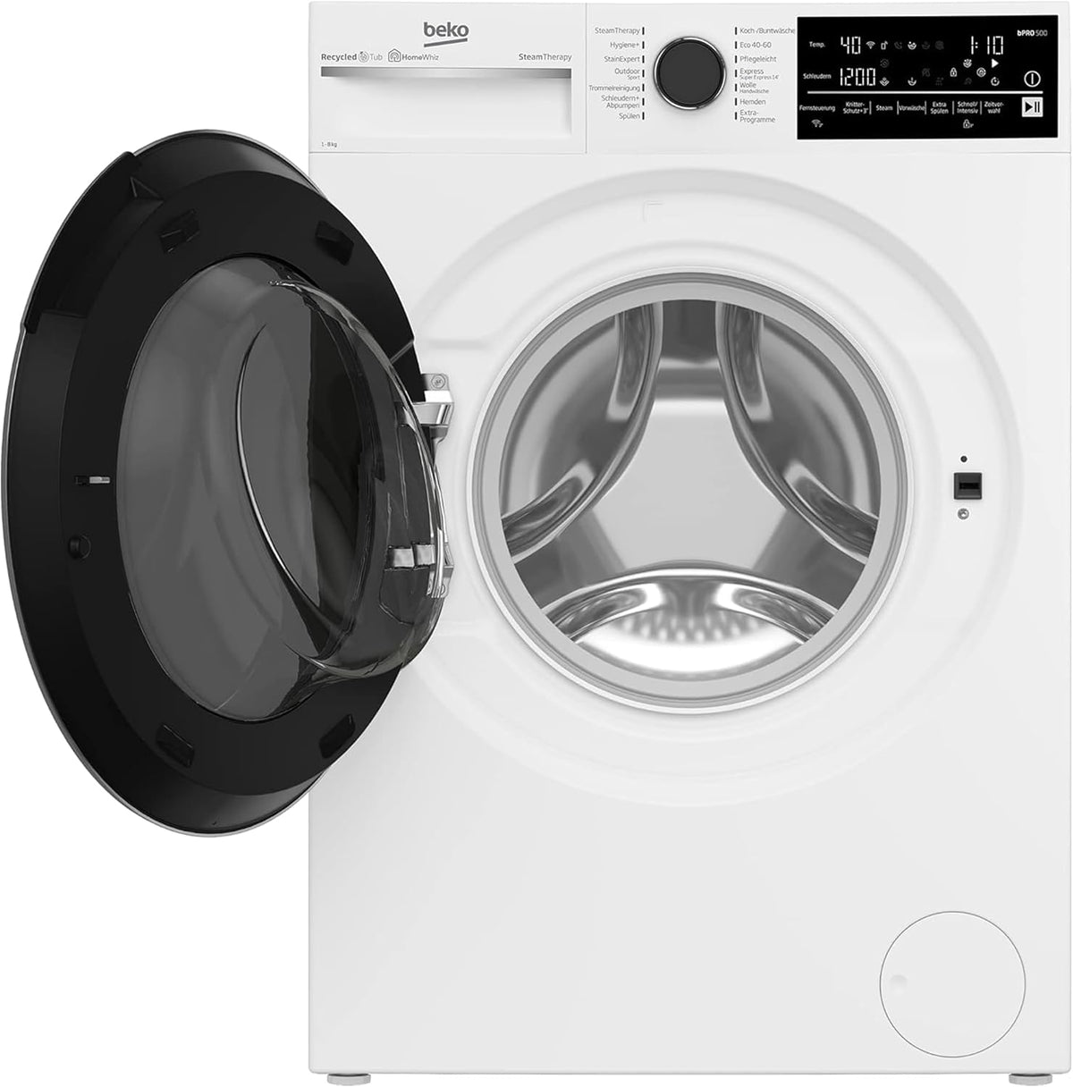 Lavadora Beko 8 kg, Stiftung Warentest BIEN (1,9)*, 1400 rpm, función de vapor SteamCure, tambor protector AquaWave, programa StainExpert, B5WFT78410W, blanco