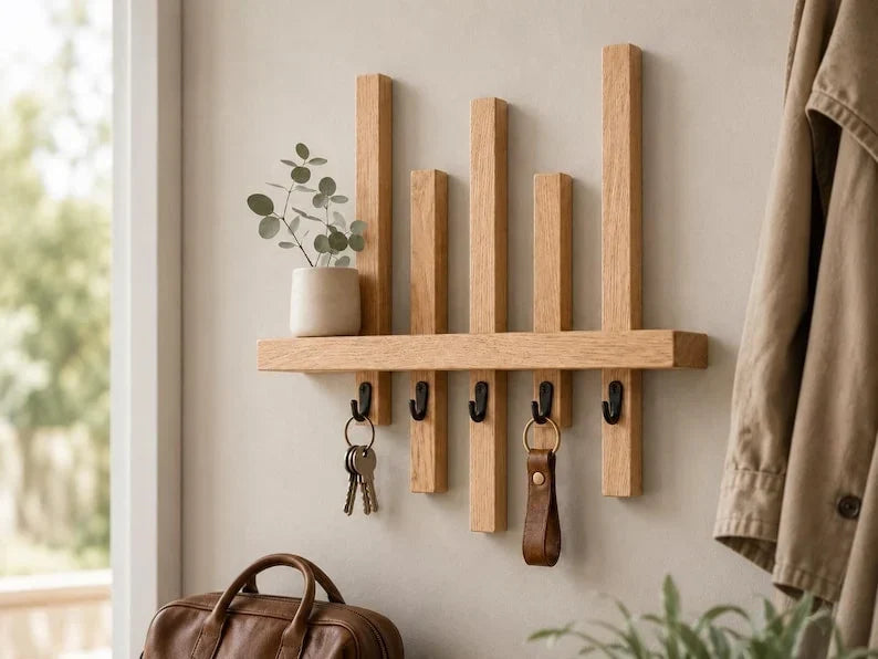Estante de pared de roble macizo con ganchos negros, llavero para entrada, 35x30x9 cm, lacado mate