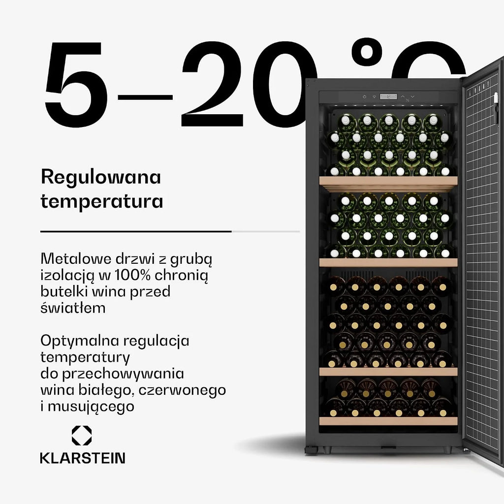 Klarstein CellarMax Lodówka do wina Wolnostojąca - 155 butelek, 5-20 °C, Dotykowe sterowanie, Metalowe drzwi, Drewniane półki, Alarm, Klasa energetyczna E, Duża lodówka do wina