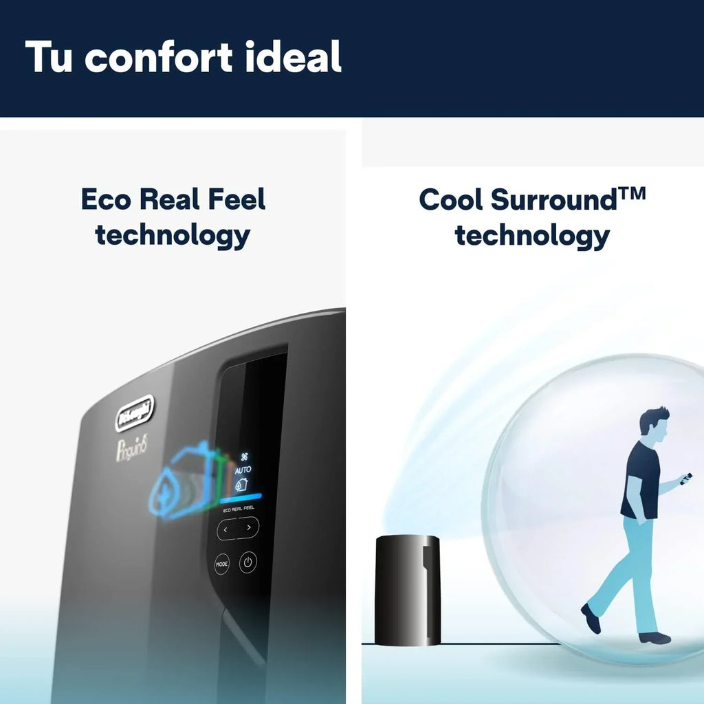 Pingüino PACEL112 Silent, aire acondicionado portátil silencioso con tecnología Eco Real Feel y Cool Surround, función deshumidificadora, 2.9 kW, 63 dB, plástico, negro, clase A, hasta 110 m³