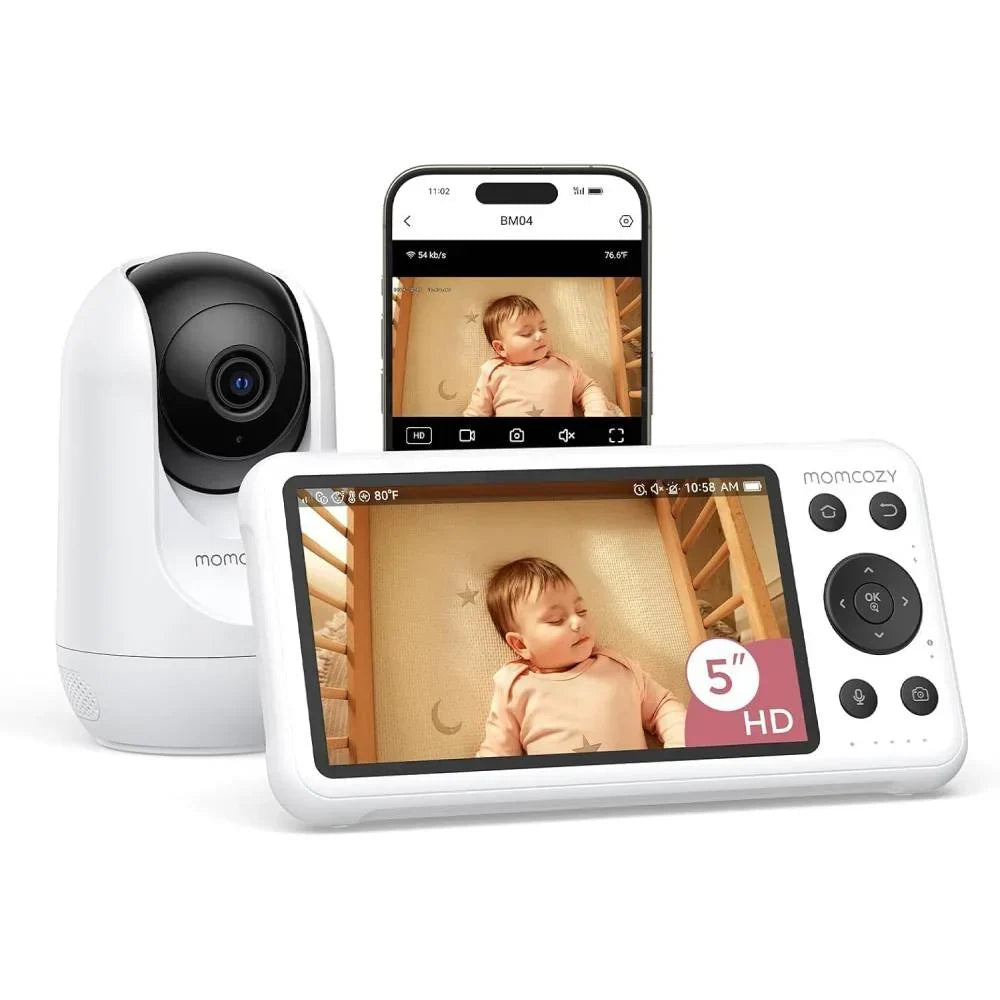 Monitor de bebé con 2 cámaras BM04-1 de 5 pulgadas, Wi-Fi, 1080p, visión nocturna, audio bidireccional, detección de movimiento, control por aplicación y zoom 4x