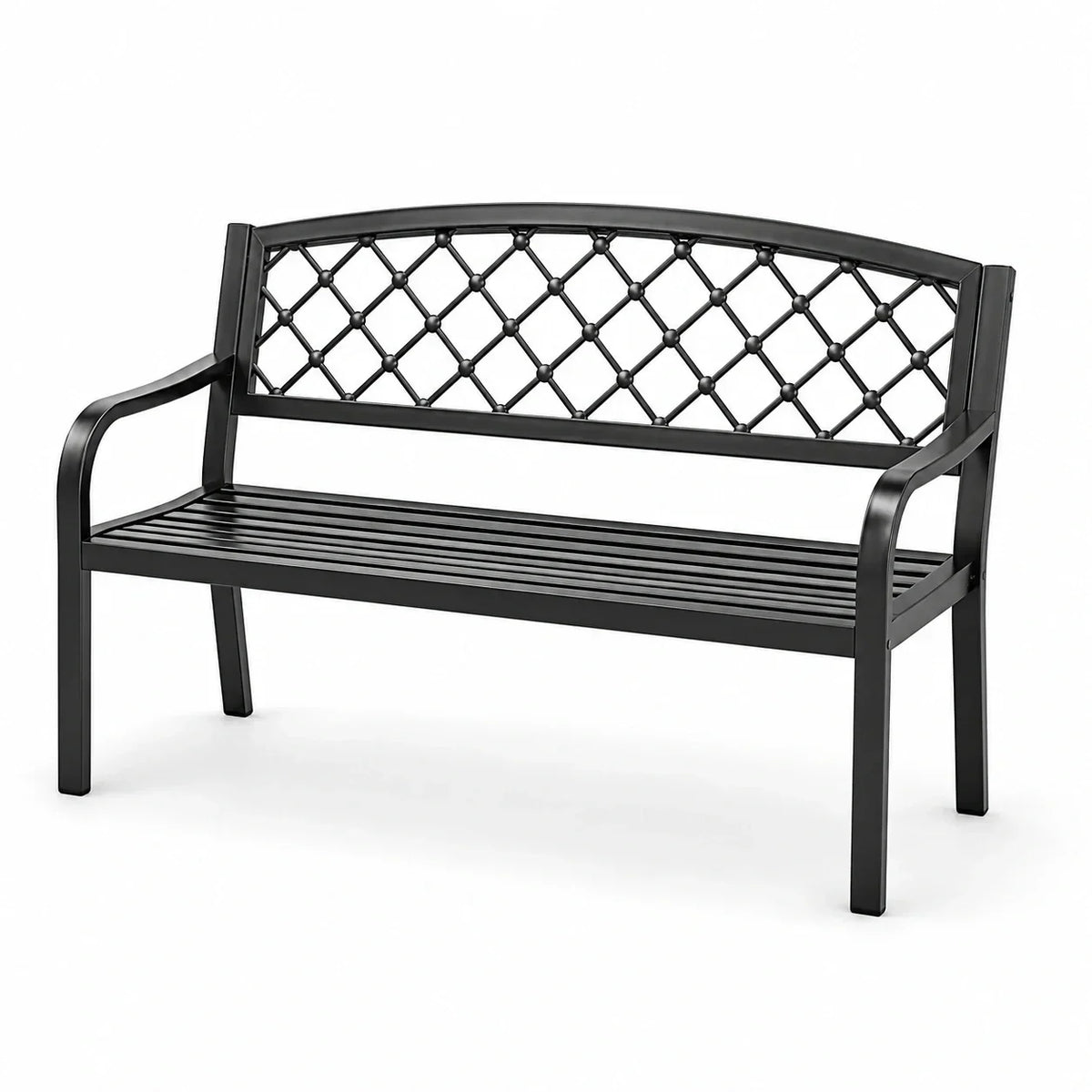 Banco de jardín de metal con respaldo de rombos, 127 cm, negro