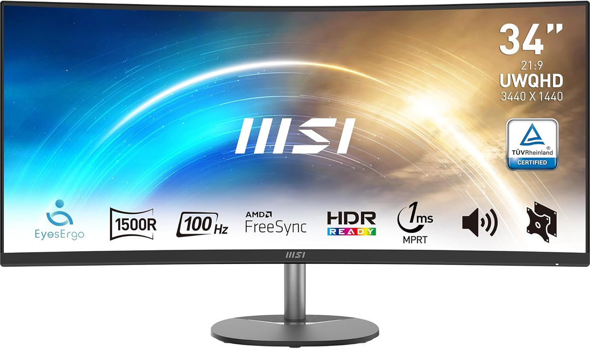 Monitor de oficina curvo MSI Pro MP341CQ de 34" UWQHD - Panel VA 1500R, 3440x1440, 100Hz, Confort ocular, sRGB 116%, HDR Ready, Altavoces integrados, Inclinación ajustable - HDMI, DisplayPort