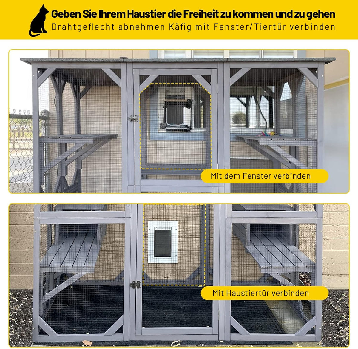 Casa para gatos, recinto exterior para gatos (catio), jaula de madera para gatos, condominio con puerta de entrada extra grande, parque interior con plataformas y casita.