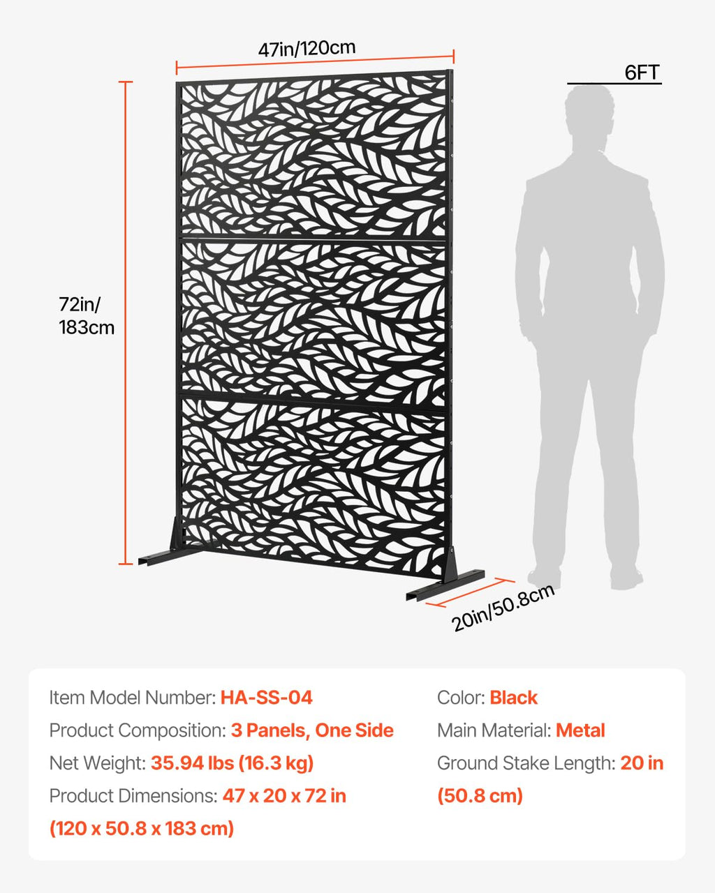 VEVOR Biombo, 120x50,8x183 cm, paredes y paneles de privacidad para exteriores, separador de ambientes independiente con soporte, divisor decorativo para balcón, terraza, interiores, negro