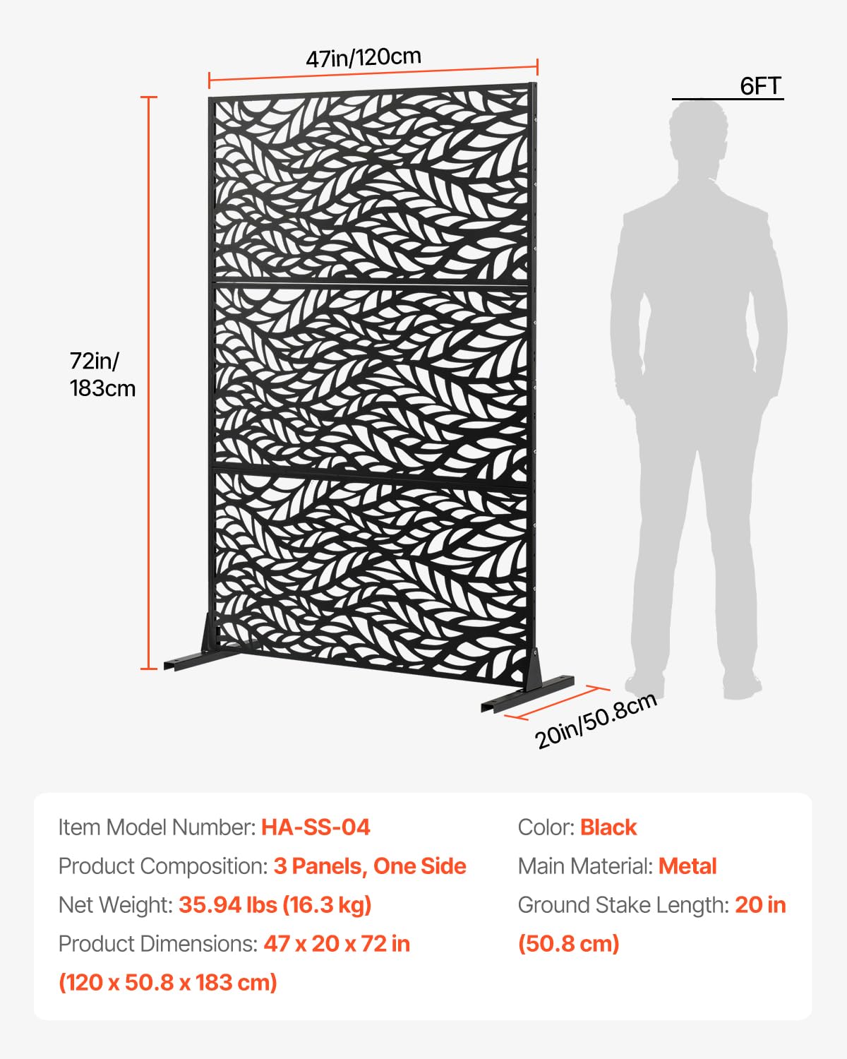 VEVOR Biombo, 120x50,8x183 cm, paredes y paneles de privacidad para exteriores, separador de ambientes independiente con soporte, divisor decorativo para balcón, terraza, interiores, negro