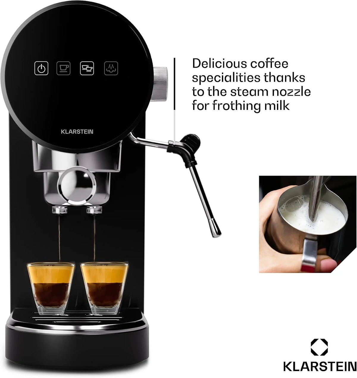 Klarstein Ekspres kolbowy do espresso ze spieniaczem do mleka, 0,9L mini ekspres retro z kolbą, 1360 W mały do kawy, do cappuccino, latte i macchiato