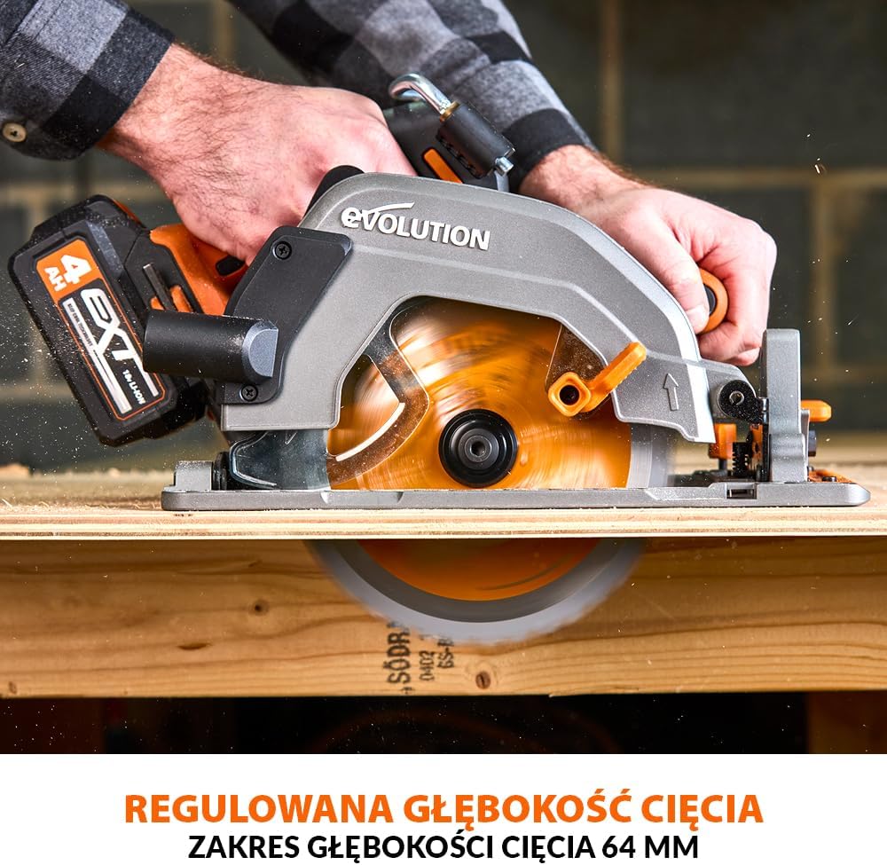 Evolution Power Tools R185CCS-Li Pilarka tarczowa akumulatorowa bezszczotkowa 18 V Li-Ion z tarczą do wielu materiałów, do cięcia drewna, metalu, plastiku, z prowadnicą, bez akumulatora, 185 mm