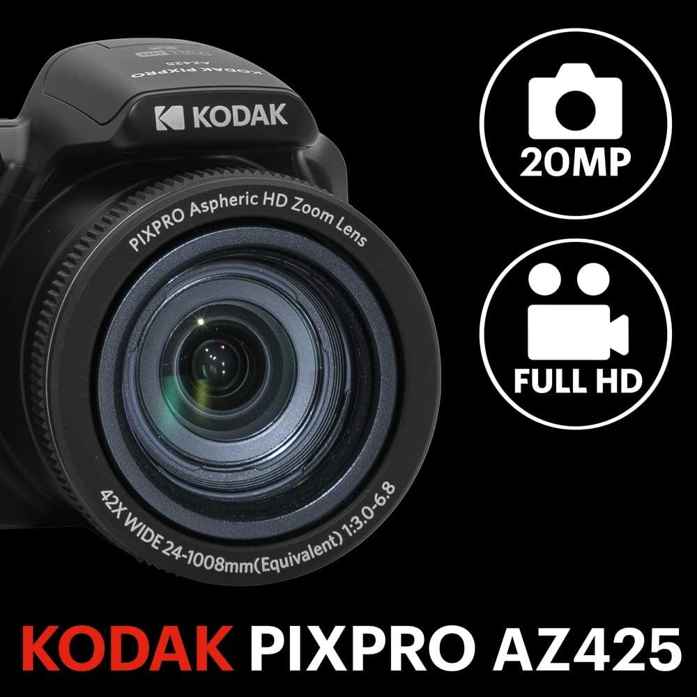 Pack Digital KODAK Bridge Pixpro Astro Zoom AZ425 + Tarjeta SDHC 32 GB - Cámara de 20 MP, Zoom 42X, Gran Angular, Pantalla LCD de 3", Video Full HD 1080p, Batería de iones de litio - Negro