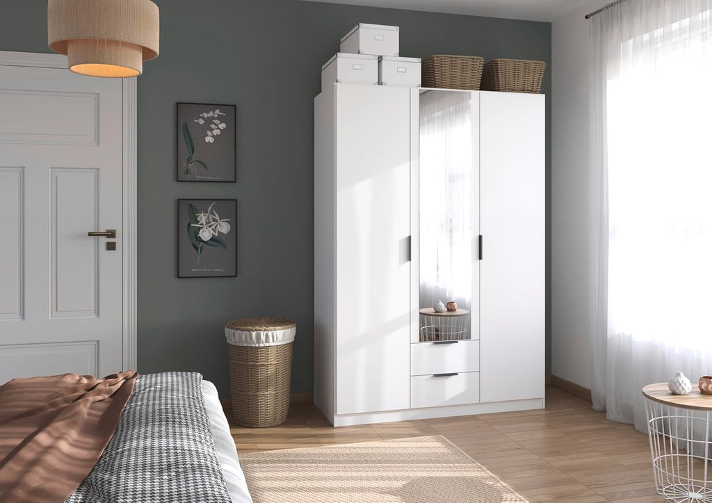 Rauch Möbel Lagoa, armario, ropero para dormitorio, habitación infantil, habitación juvenil, 3 puertas con espejo, 2 cajones, con accesorios básicos, color blanco, ancho 136 cm