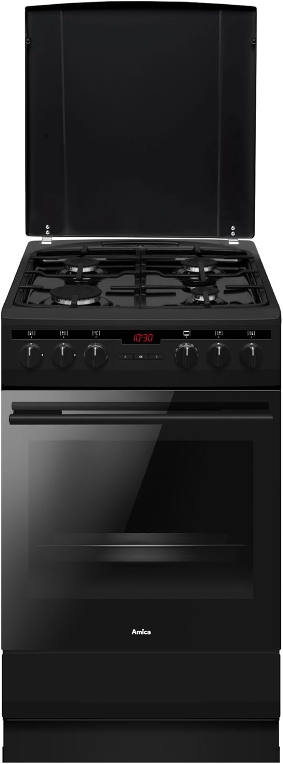 Cocina independiente Amica SHEG 904 000 SM / con placa de gas y horno eléctrico / 50 cm de ancho / negro mate / temporizador / 11 funciones de horno, p. ej. aire caliente