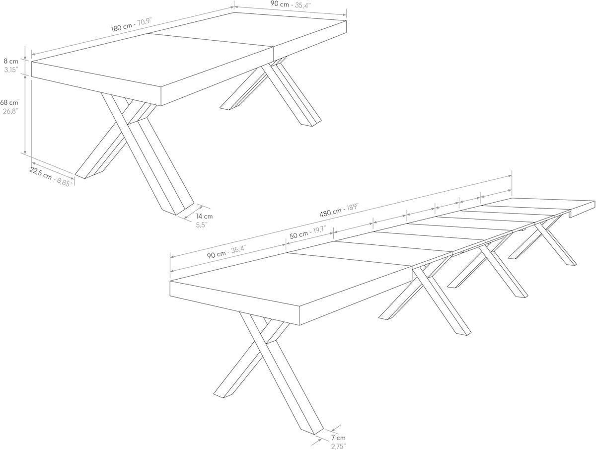 PAZZO DESIGN Mesa extensible Roberta, mesa de salón, mesa de cocina, roble rústico, patas negras en forma de X, de 180 a 480 cm, hecho en Italia - id_2005