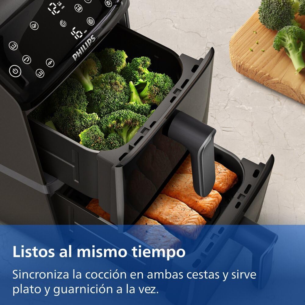 Philips Airfryer Serie 4000 de Doble Cesta Vertical 10L – Tecnología RapidAir, Sync, 2 cestas a la vez, 45% menos de espacio, revestimiento cerámico sin PFAS, ventanas de visualización (NA460/00)
