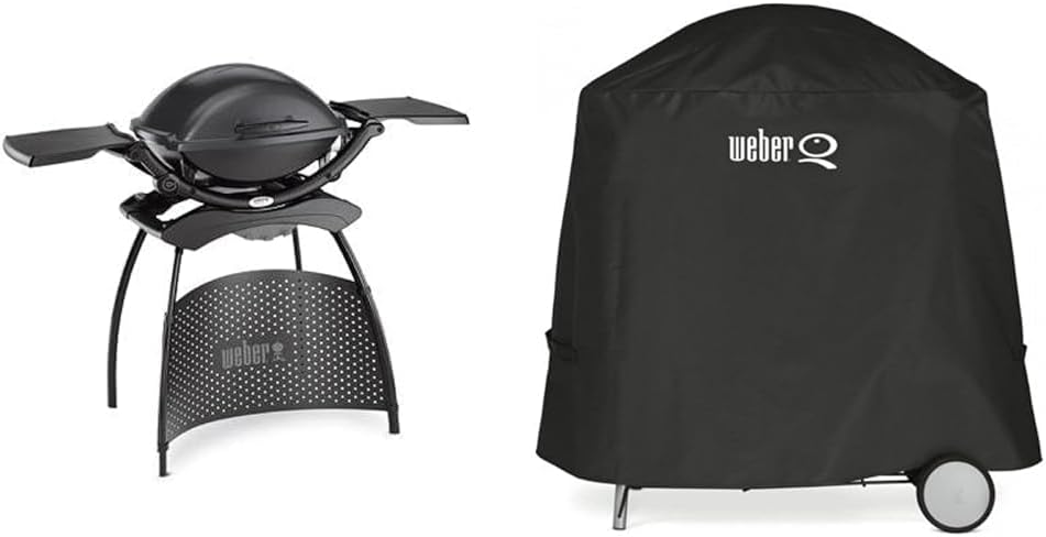 Barbacoa eléctrica Weber Q2400 con soporte y mesas laterales, superficie de cocción de 54 x 39 cm, portátil, parrilla de cocción de hierro fundido vitrificado dividida en 2 partes, tapa y cuerpo de aluminio fundido - Gris oscuro (55020879)