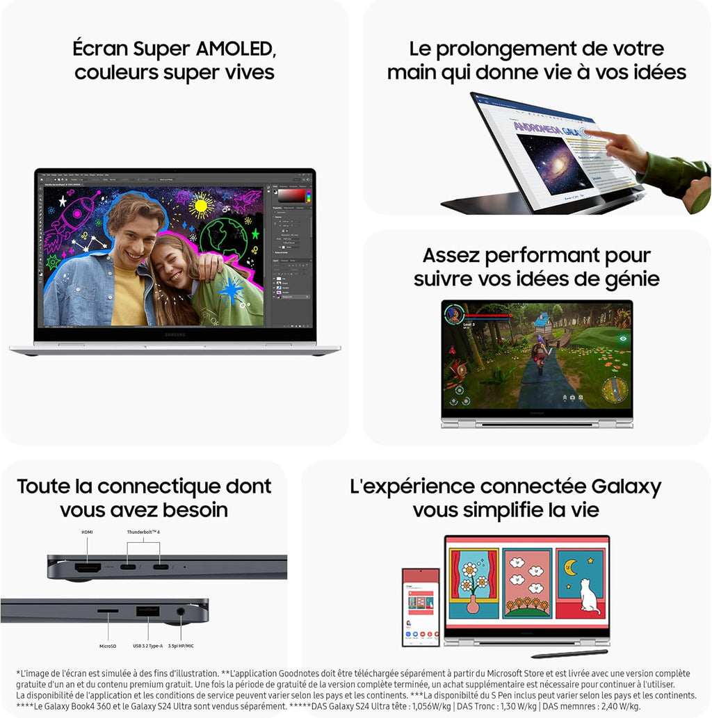 Samsung Galaxy Book4 360 Ordenador portátil 15.6'', Plataforma Intel Evo – Intel Core Ultra 7, 16GB RAM 512GB SSD Intel Graphics, Plata, teclado AZERTY FR