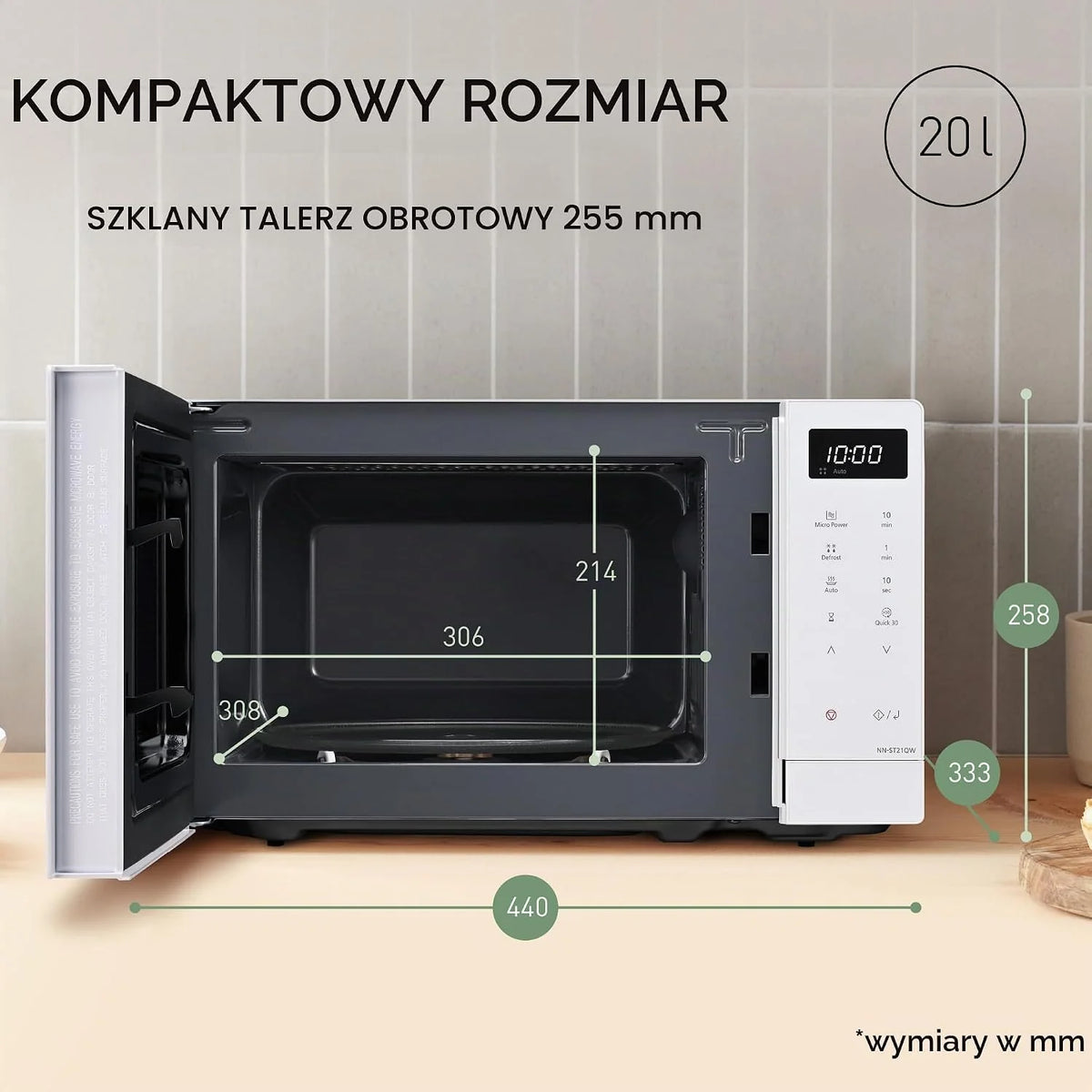 Panasonic NN-ST21QWEPG Tylko kuchenka mikrofalowa 20 l ze szklanym naczyniem, 800 W, automatyczne rozmrażanie, 11 programów automatycznych, wyświetlacz LED, 5 ustawień zasilania, cyfrowy timer, biały
