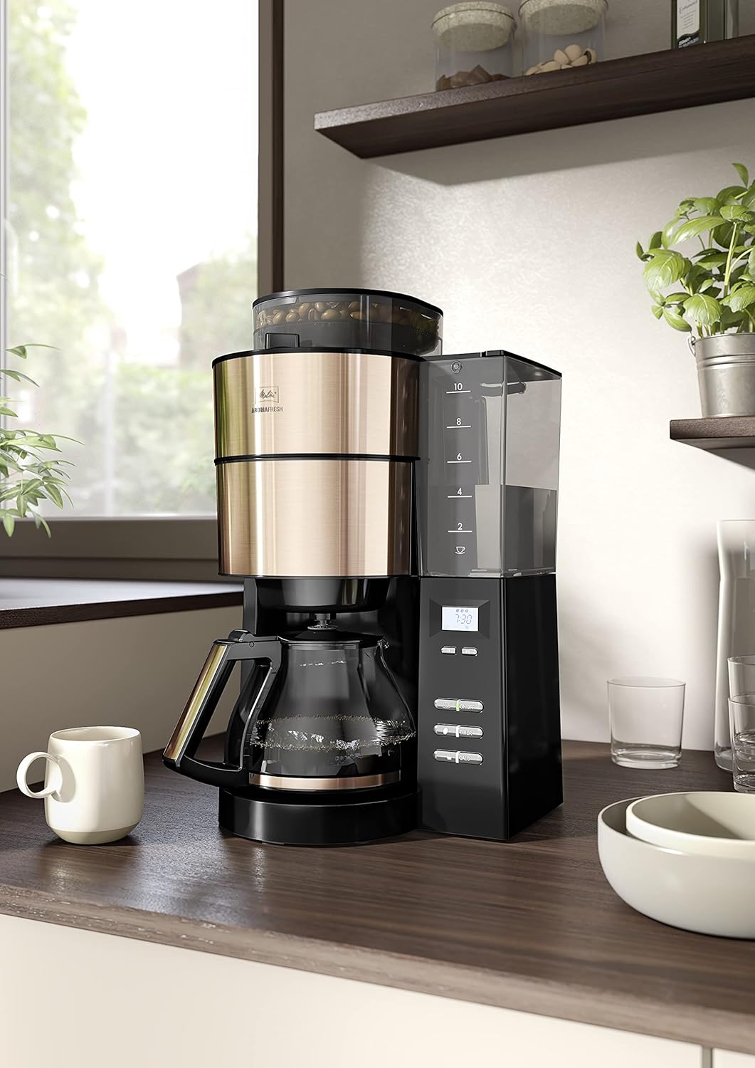 Melitta AromaFresh - Cafetera de filtro - con jarra de cristal - molinillo integrado - función de temporizador - 10 tazas - Negro puro