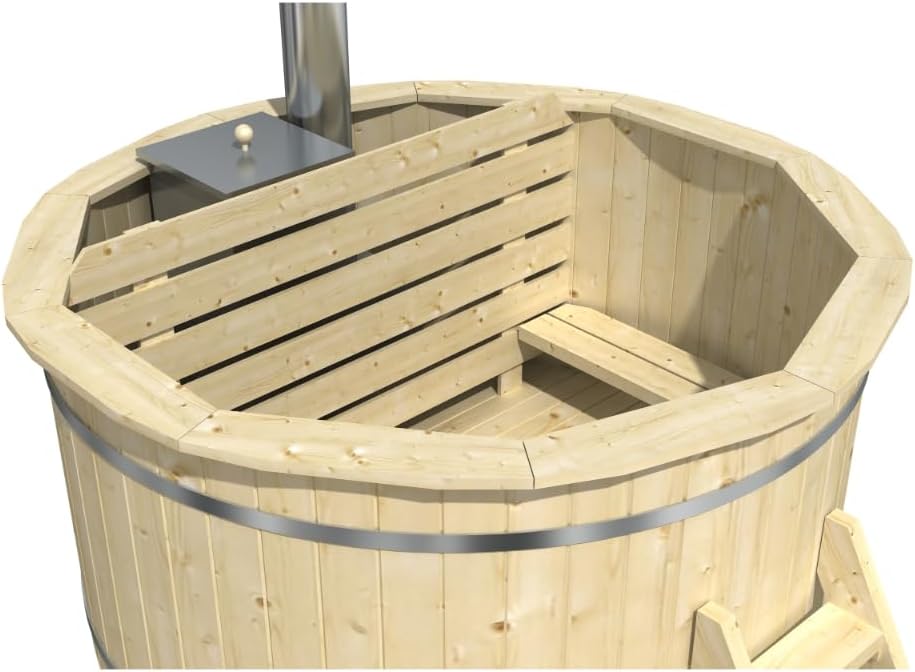Tina de baño de madera Bergen, Hot Tub Ø 160 x 110 cm, incl. estufa de acero inoxidable de 22 kW y escalera de acceso, 3-4 personas, piscina, tina de baño, hidromasaje
