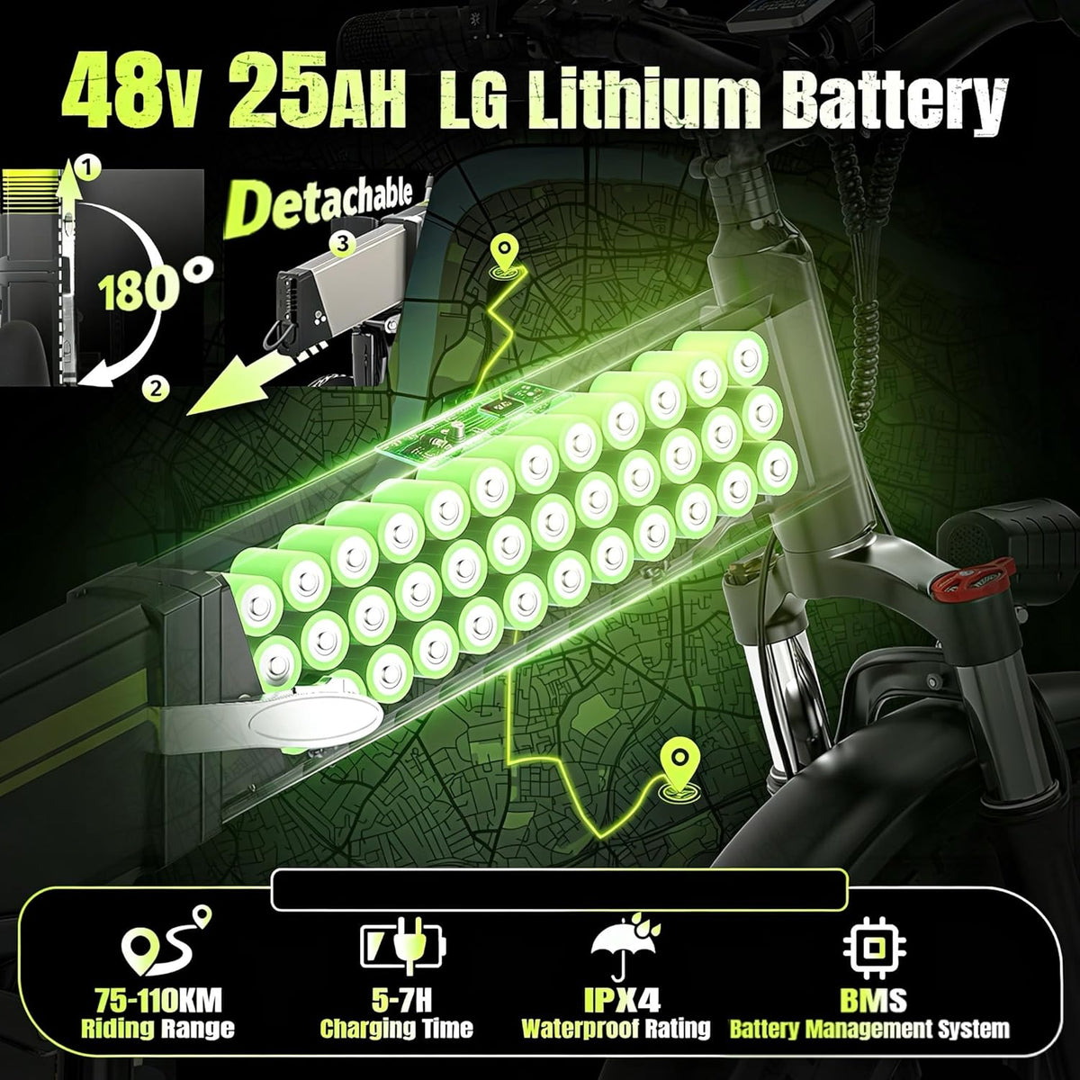 Bicicleta eléctrica plegable, batería extraíble de 48 V 25 Ah, autonomía de 110 km, bicicleta eléctrica con neumáticos fat bike de 20" x 4", suspensión completa, frenos hidráulicos, 7 velocidades, bicicleta