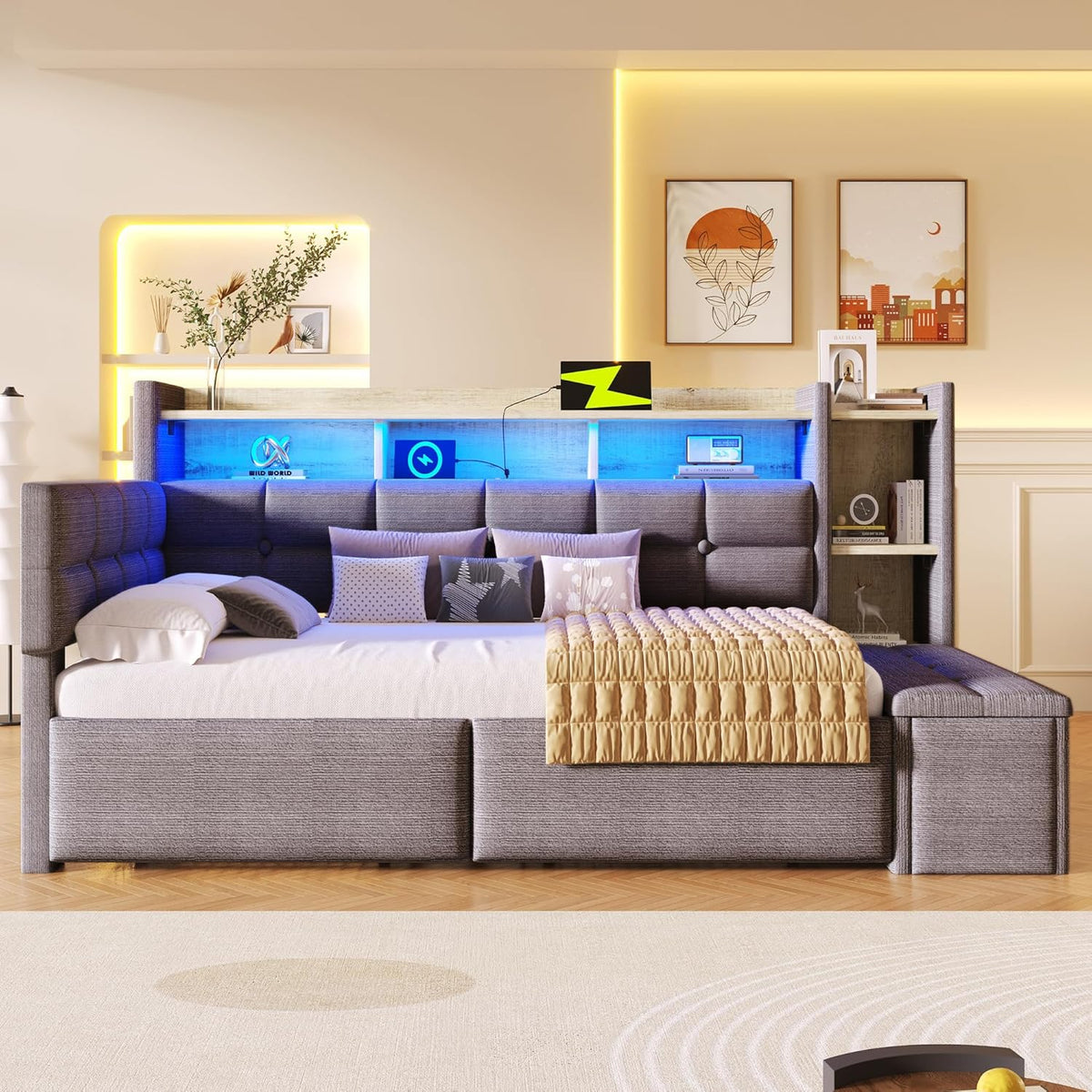 Cama nido, sofá cama, 90 × 190 cm, con dos cajones, puertos USB y tipo C, compartimento de almacenamiento, banco de almacenaje a los pies de la cama, tira de luz LED, sin colchón, terciopelo, gris oscuro