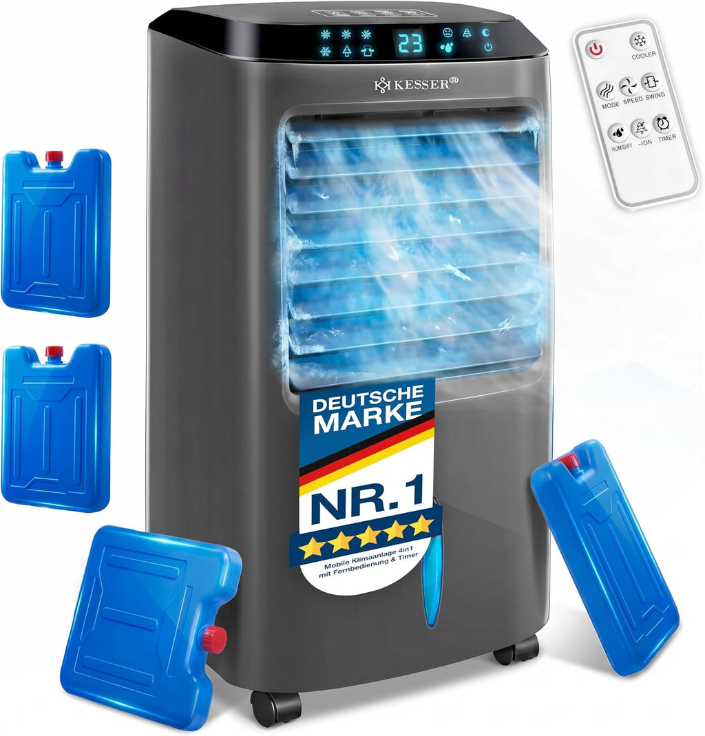 KESSER® Aire acondicionado móvil 4 en 1, enfriador de aire con mando a distancia y temporizador, depósito de agua de 10 L, ionizador y humidificador, ventilador, climatizador sin tubo de escape, 3 niveles, incluye acumuladores de frío