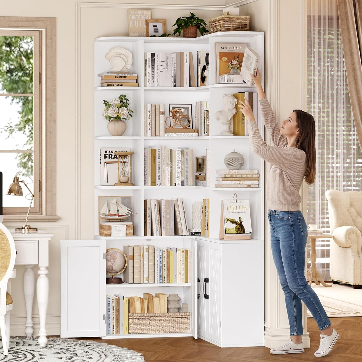 Librería FirFurd de 187 cm con puertas, estantería esquinera con 12 compartimentos, armario para libros en forma de L, vitrina de madera, armario alto, estante con puertas para salón, estudio, oficina, cocina, 187 x 80 x 80 cm, blanco