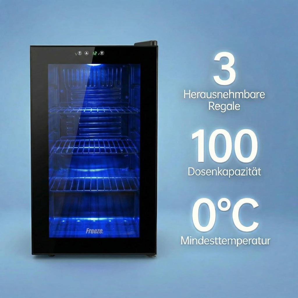 FREEZE. Mininevera de 70 L para 126 latas, refrigerador con puerta de cristal, enfriador de vino, frigorífico pequeño con estantes ajustables para el hogar/bar/oficina, sin escarcha, negro