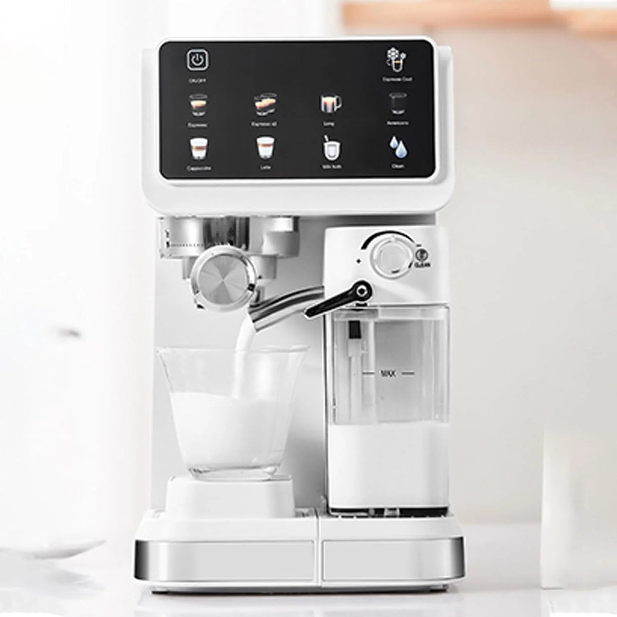 Greensen Kompaktowa Ekspres do Kawy, 20Bar Profesjonalne Ciśnienie z 6 Predefiniowanymi Trybami na Cappuccino Latte, Zbiornik na Wodę 1,5L Zbiornik na Mleko 500mL, Półautomatyczny Panel (wtyczka UE)