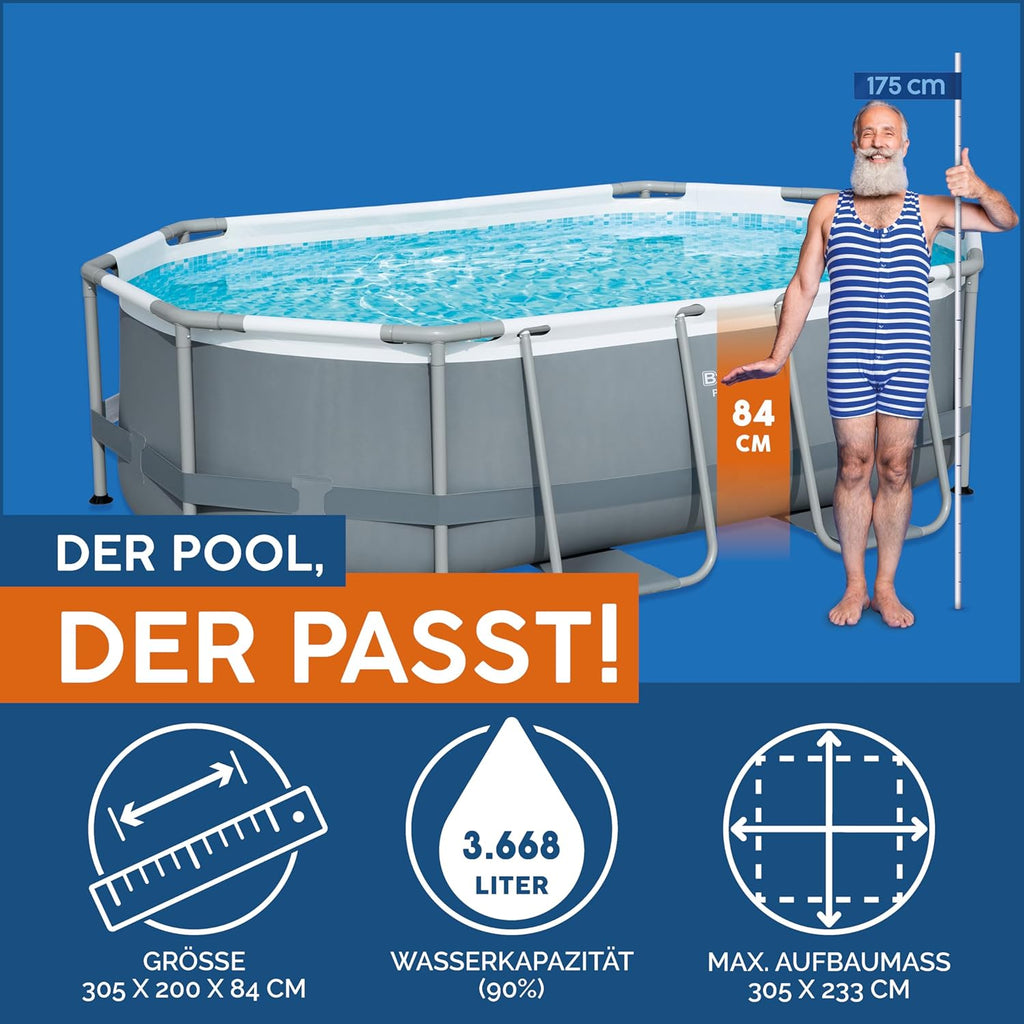 Set de piscina con estructura Power Steel de Bestway, ovalada, con bomba de filtrado, 305 x 200 x 84 cm, gris, 5614A