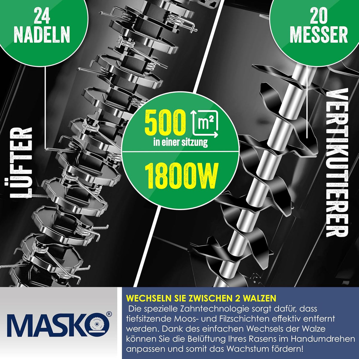MASKO® Elektro 2in1 Vertikutierer Rasenlüfter 1800W 40cm Arbeitsbreite 55L Fangkorb mit Lüfterwalze Lüfter Moosentferner, 20 Stahlmesser, 5-stufige Arbeitstiefe einstellbar höhenverstellbarer Holm